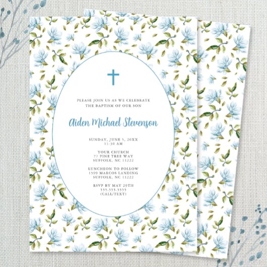 Invitation de baptême grandmillénaire à fleurs ble