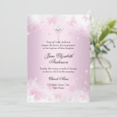 Invitation de baptême jolie papillon rose & croix (Debout devant)