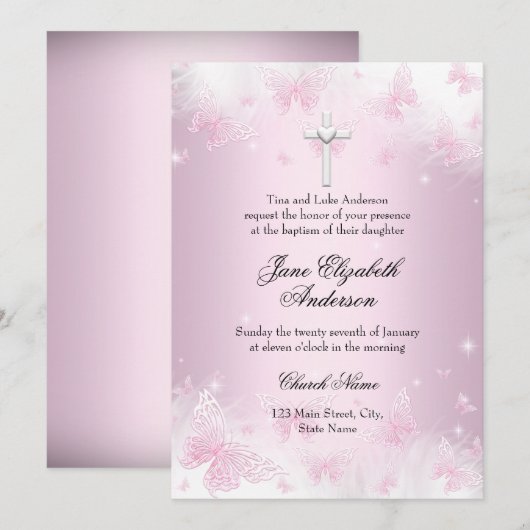 Invitation de baptême jolie papillon rose & croix (Devant / Derrière)