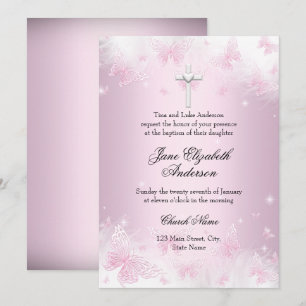Invitation de baptême jolie papillon rose et croix
