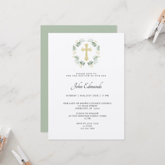 Invitation de baptême minimaliste verte et or (Devant/Arrière en situation)