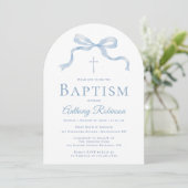 Invitation de baptême moderne avec ruban bleu pour (Debout devant)
