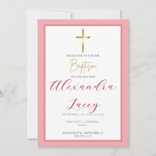 Invitation de baptême moderne en or croix dorée (Devant)