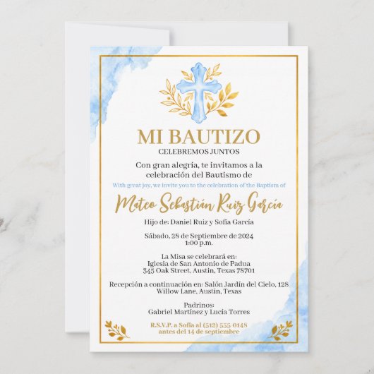 Invitation de Baptême Mon Baptême Bleu Croix (Devant)