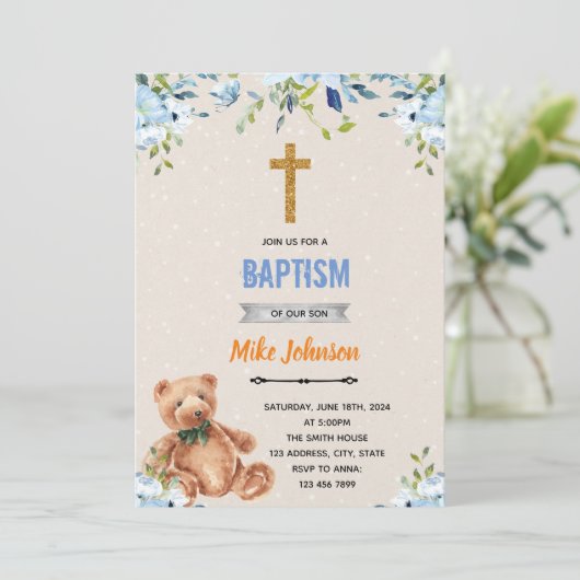 Invitation de baptême ours fleur bleue (Debout devant)
