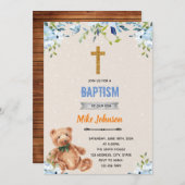 Invitation de baptême ours fleur bleue (Devant / Derrière)