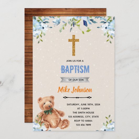 Invitation de baptême ours fleur bleue (Devant / Derrière)