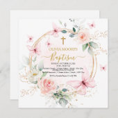 Invitation de baptême papillon floral rose (Devant / Derrière)