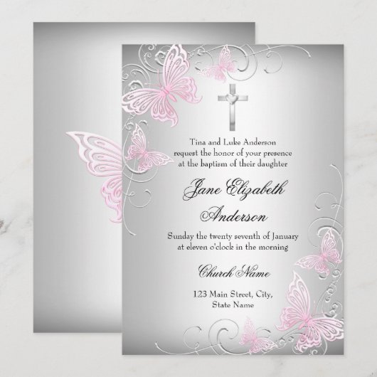 Invitation de baptême papillon tourbillon argent r (Devant / Derrière)