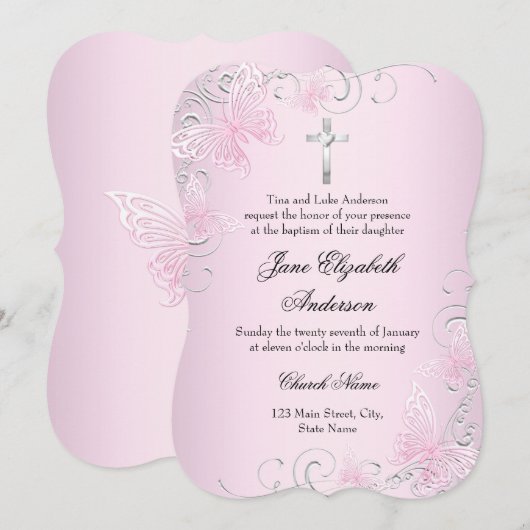 Invitation de baptême Papillon Tourbillon Rose & C (Devant / Derrière)