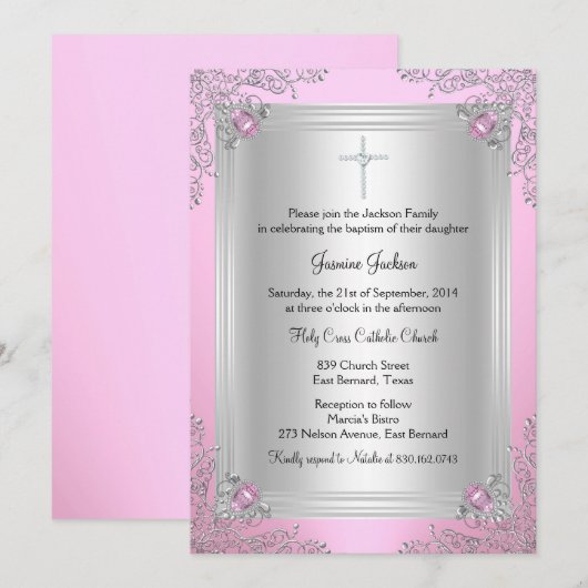 Invitation de baptême parure de bijou rose scintil (Devant / Derrière)