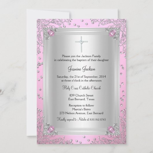 Invitation de baptême parure de bijou rose scintil (Devant)