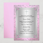 Invitation de baptême parure de bijou rose scintil (Devant / Derrière)