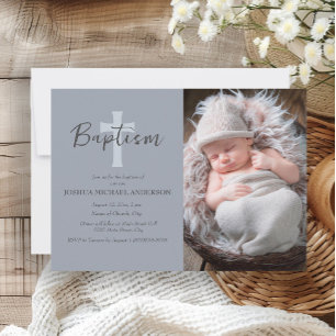 Invitation de baptême photo bébé garçon bleu Croix
