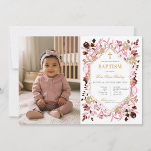 Invitation de baptême photo florale rose et or