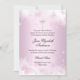Invitation de baptême photo papillon rose et croix