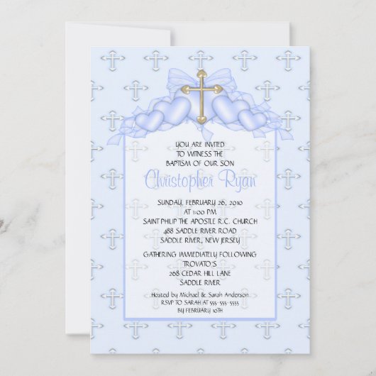 Invitation de baptême pour bébé garçon Croix et Cœ (Devant)