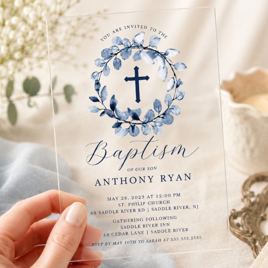 Invitation de baptême pour garçons aux feuilles bl