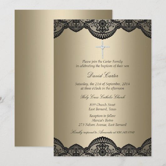Invitation de baptême Pretty Lace Cross Gold (Devant / Derrière)
