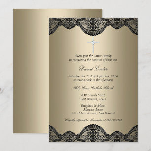 Invitation de baptême Pretty Lace Cross Gold