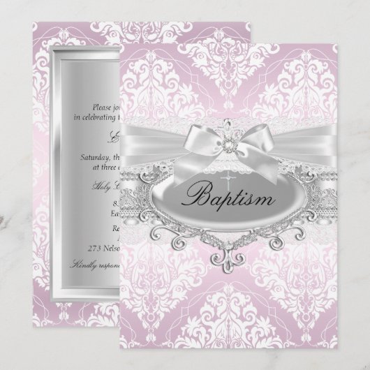 Invitation de baptême Pretty Pink Damask & Bow (Devant / Derrière)