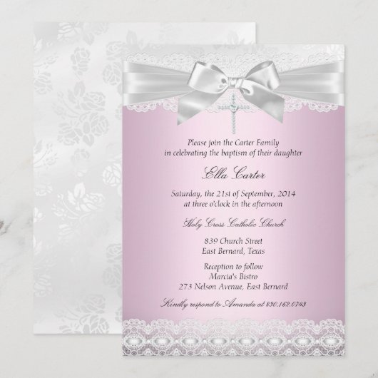 Invitation de baptême Pretty Pink Lace Cross (Devant / Derrière)