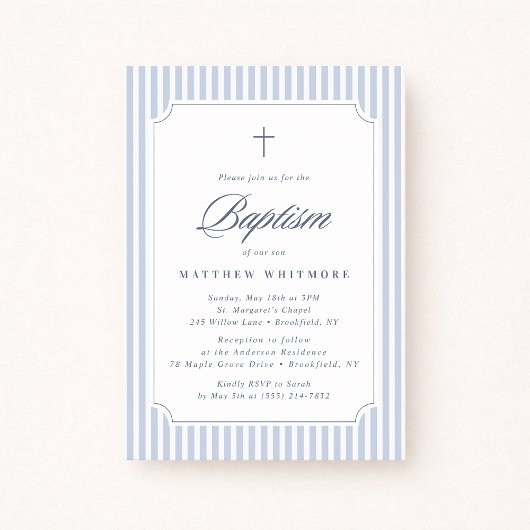 Invitation de baptême rayée bleu clair