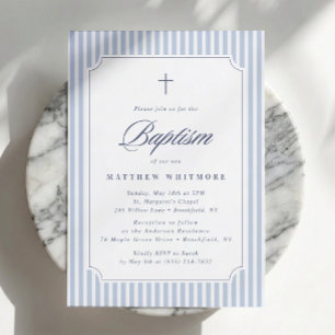 Invitation de baptême rayée bleu clair