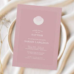 Invitation de baptême rayée rose poussiéreuse côti