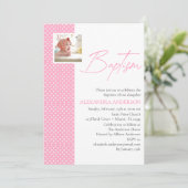 Invitation de baptême rose avec photo et Pois (Debout devant)