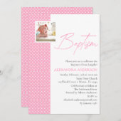 Invitation de baptême rose avec photo et Pois (Devant / Derrière)