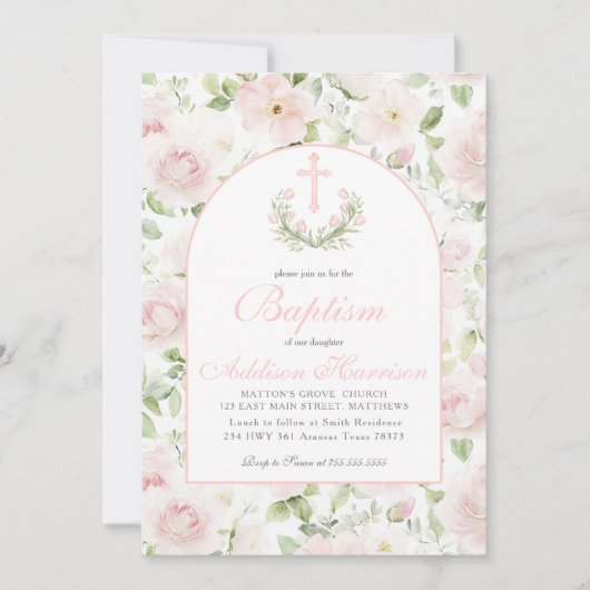 Invitation de baptême rose, baptême de fille,  (Devant)