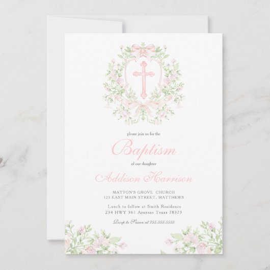 Invitation de baptême rose, baptême de fille, (Devant)