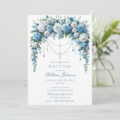 Invitation de baptême Rose Bleue & Croix d'Argent (Debout devant)