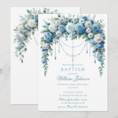 Invitation de baptême Rose Bleue & Croix d'Argent (Devant / Derrière)