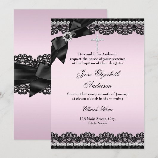 Invitation de baptême rose en dentelle de diamant (Devant / Derrière)
