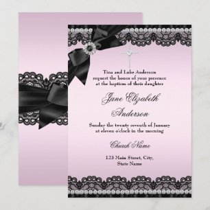 Invitation de baptême rose en dentelle de diamant