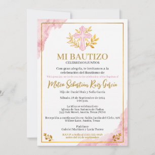 Invitation de baptême rose Mon baptême croix dorée