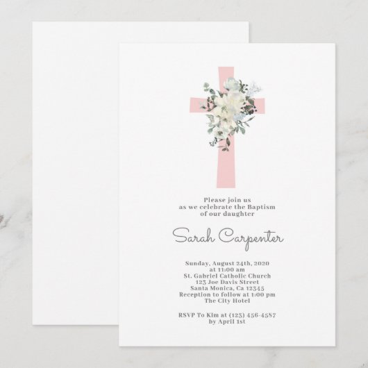 Invitation de Baptême rose pâle (Devant / Derrière)