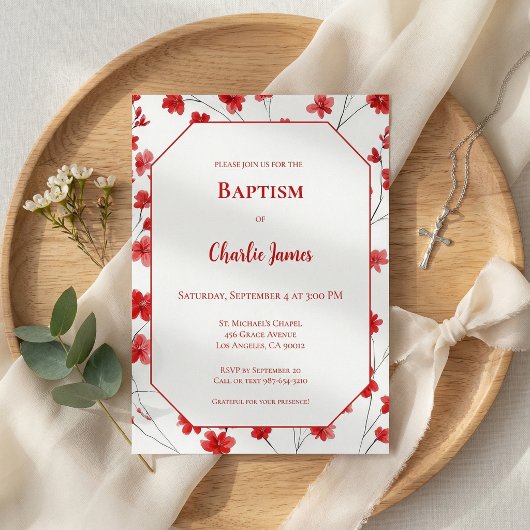 Invitation de baptême rouge botanique
