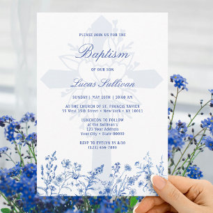 Invitation de baptême Sainte Croix aux fleurs sauv