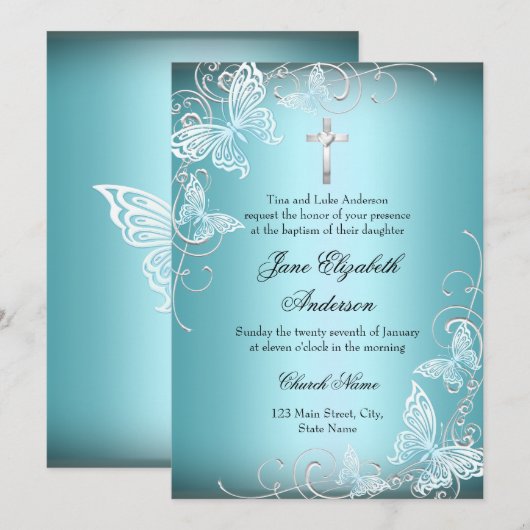 Invitation de baptême tourbillon papillon bleu jol (Devant / Derrière)