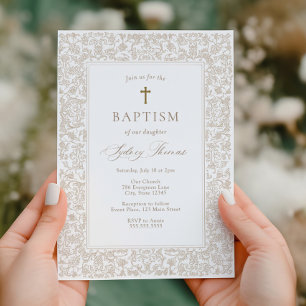 Invitation de baptême traditionnel floral or éléga