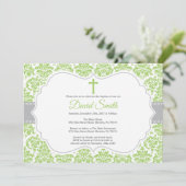 Invitation de baptême vert et gris damassé (Debout devant)