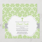 Invitation de baptême vert et gris damassé (Devant / Derrière)