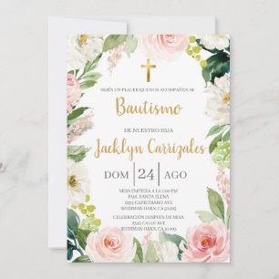 Invitation de baptême vert et rose fleuri