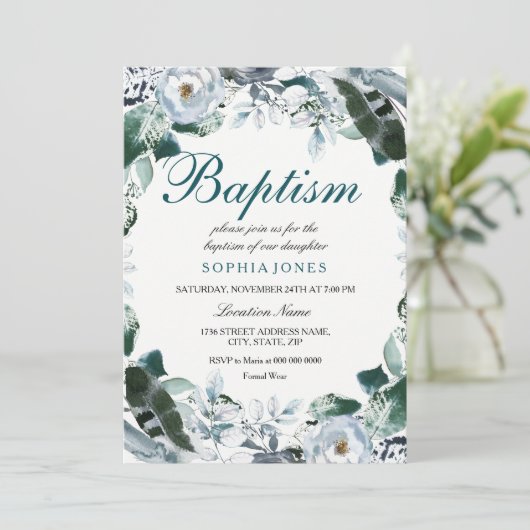 Invitation de baptême vert sarcelle à l'aquarelle  (Debout devant)