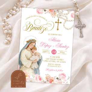 Invitation de baptême Vierge Marie Florale Rose Te