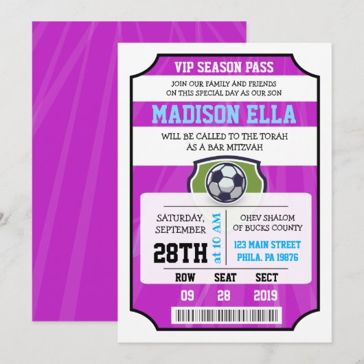 Invitation de Bar Mitzvah BILLET VIP FOOTBALL (Devant / Derrière)