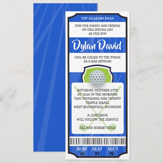 Invitation de Bar Mitzvah Billets de GOLF (Devant / Derrière)